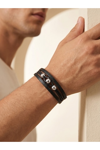 Çelik Top Detalı Erkek Deri Bileklik Premium Hediye 01825 Siyah