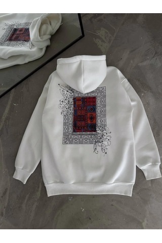 Valensdesign Uzun Kol Kapşonlu Ön Ve Arka Baskılı Sweatshirt - Beyaz