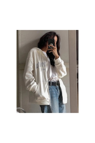 Tarzsokak Ünisex Basic Slim Fit Kapüşonlu Fermuarlı Cepli Sweatshirt Bej Bej