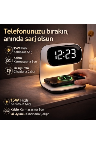 Polham 15w Kablosuz Şarjlı Led Masa Lambası Saat Alarm Özellikli Dijital Saat Gece Lambası Led Ekran Beyaz