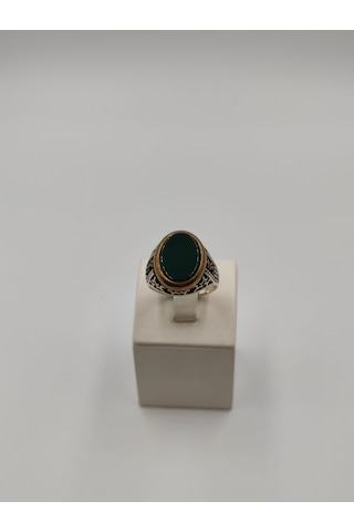 Yeşil Akik Taşlı Düz Kesim Erkek Yüzüğü 26 Mm 925 Ayar Gümüş Yüzü