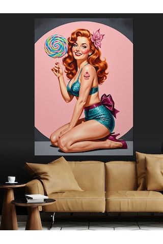 Ahşap Tablo Sarmal Şeker Yiyen Pin-up Kız İnsan Figürlü Tablolar