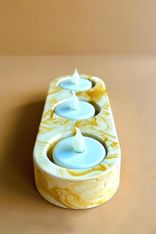 El Yapımı Sarı Mermer Desenli Beton Tealight Mumluk Şamdan Ve Dekoratif Masa Mumluğu Sarı