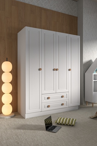 4 Kapak 2 Çekmece Gardırop Mdf Kapak Ceviz - Beyaz