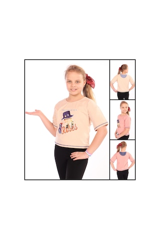 Toontoy Kids Toontoy Kız Çocuk Baskılı Bisiklet Yaka Kısa Kollu Tişört Bej