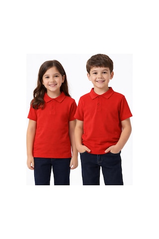 Store Okul Kırmızı Polo Yaka Kısakol Tişörtleri Kıyafetleri Üniforması Çocuk Genç Kırmızı