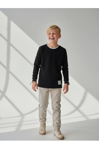 Zekids Erkek Çocuk Pamuklu Dokulu Kumaş İnce Uzun Kollu Sweatshirt-16630 Siyah