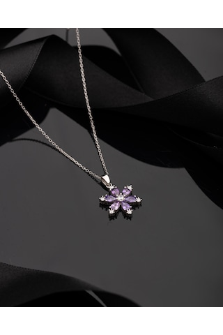 925 Ayar Ametist Taşlı Rodyum Lotus Çiçeği Gümüş Kolye Rn10303 Gümüş