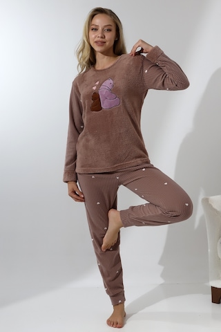 Wordex Fawn 5015 Peluş Welsoft Polar Kışlık Ayıcıklı Yumoş Kadın Pijama Takımı Vizon