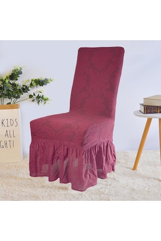 Şal Desen Jakarlı Etekli Sandalye Örtüsü, Kılıfı 6 Adet Bordo Bordo