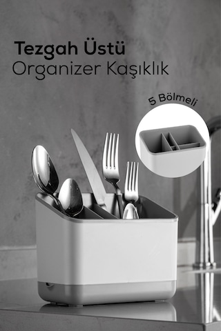 Vienev 5 Bölmeli Organizer Kaşıklık Tezgah Üstü Kaşık Düzenleyici Gri