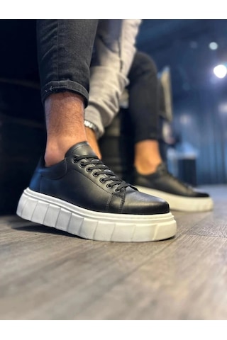 Mevese Ares Bağcıklı Cilt Erkek Günlük Sneaker Yüksek Taban Ayakkabı - Siyah Beyaz