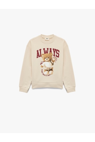 Koton Ayıcık Baskılı Pamuklu Uzun Kollu Bisiklet Yaka Sweatshirt Bej 7wkg10036ak Ekru