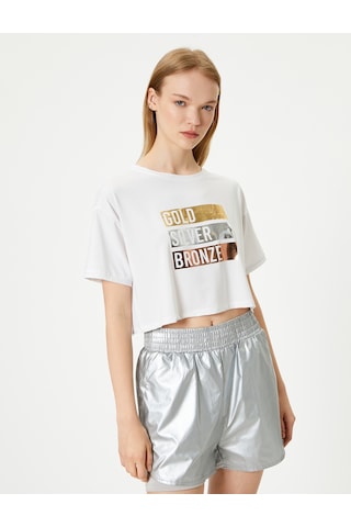 Koton Crop Tişört Slogan Baskılı Bisiklet Yaka Beyaz 4sak10305nk Beyaz