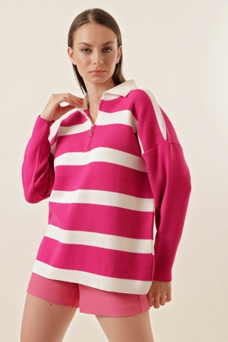 Gabria Fermuarlı Çizgili Kazak Pembe