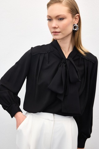 Sateen Aksesuar Detaylı Fularlı Bluz - Siyah-137039 Siyah