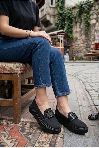 Fort Ventes 346411 Rahat Toka Aksesuarlı Triko Loafer Kadın Ayakkabı Siyah