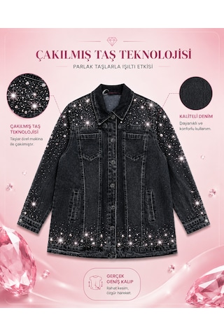 Büyük Beden Yakalı Taş Detaylı Cepli Kadın Denim Ceket Siyah