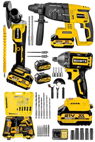 Schatz 21v Kömürsüz Çift Akülü Şarjlı 3'lü Set Spiral Taşlama + Kırıcı Delici Hilti + Somun Sıkma Sökme Makinesi Sarı