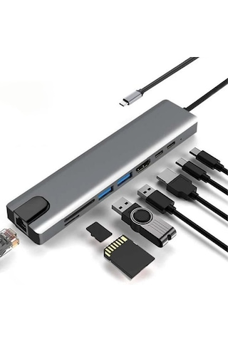 Usb-c Çoklayıcı - Hdtv Çok Fonksiyonlu 8 Port Çevirici Adaptör Yd