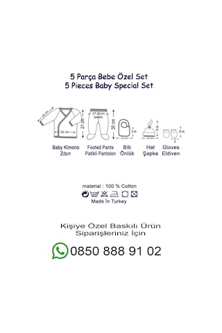 İsim Baskılı %100 Pamuk 5'li Organik Erkek Bebek Hastane Çıkışı Beyaz