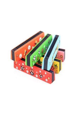 Ahşap Mızıka 16 Delikli Çift Sıralı Renkli Desenli Çocuk Mızıkası