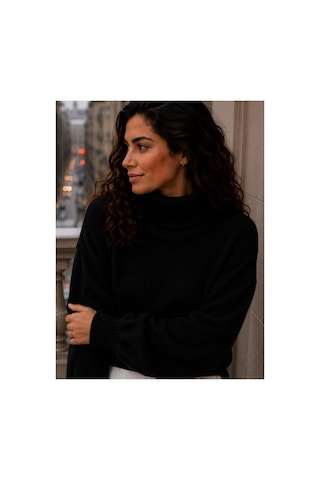 Hira Life Fashion Sfg Life Moda Kadın Balıkçı Yaka Tüylü Şardonlu Oversize Kazak Siyah Siyah