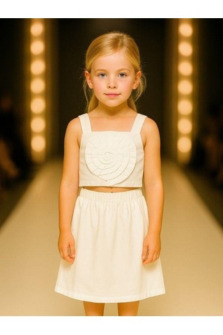 Kız Çocuk Crop Dokuma Çiçekli Etek Takım-15966 Beyaz