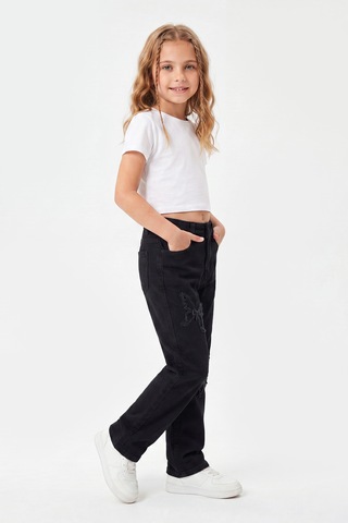 Joy Kids Kız Çocuk Kelebek Nakışlı Siyah Yumuşak Kot Pantolon 3-8yaş Siyah