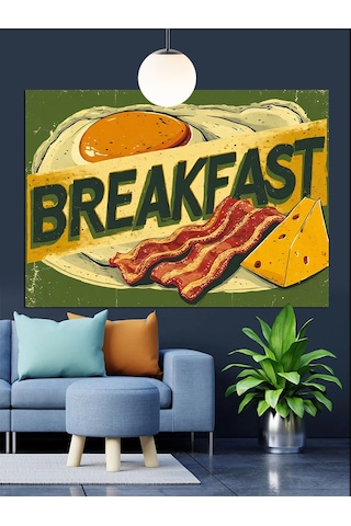 Yumurta Ve Ekmek Temalı Breakfast Yazısı Dekoratif Kanvas - Mdf Ahşap Tablo