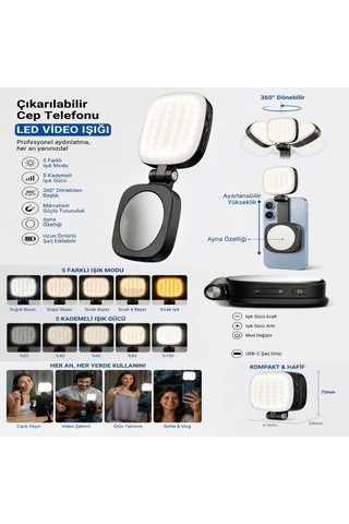 Buffer Çıkarılabilir Ayna Özellikli Manyetik Cep Telefonu Led Video Işığı, 5 Farklı Işık Modu Ve 5 Kademeli Işık Gücü A