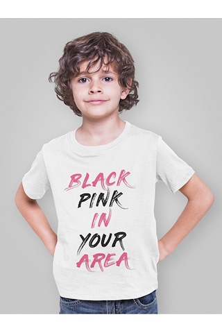 Sevbano Unisex Black Pink In Your Area Yazılı Müzik Grubu Çocuk Tişört 1 beyaz