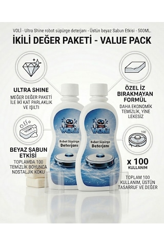 Ultra-shine Robot Süpürge Deterjanı Üstün Beyaz Sabun Etkisi 2 Adet X 500 Ml 100 Kullanım Diğer