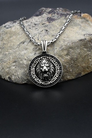 Grek Desenli Aslan Figürlü 925 Ayar Gümüş Kolye Kral Zincir 2mm 902422 Gümüş