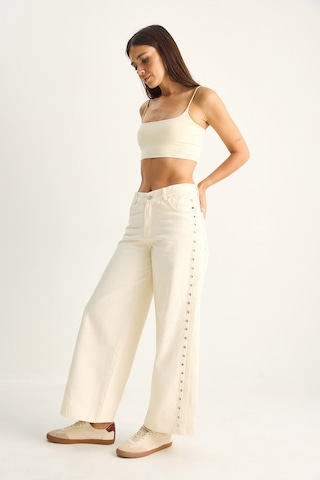 Shade Kadın Yanları Metal Detaylı Wide Leg Denim Pantolon 60282058 - Krem