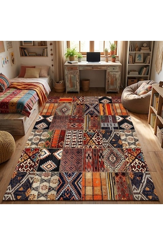 Turuncu Kahve Çok Renkli Salon Halısı Etnik Patchwork Dijital Baskılı Kaymaz Tabanlı Halı Dijital