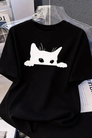 Butik İstanbul Kadınlar Için Siyah Kedi Grafik Tişört - Oversize Kısa Kollu Üst Nefes Alabilir - Siyah