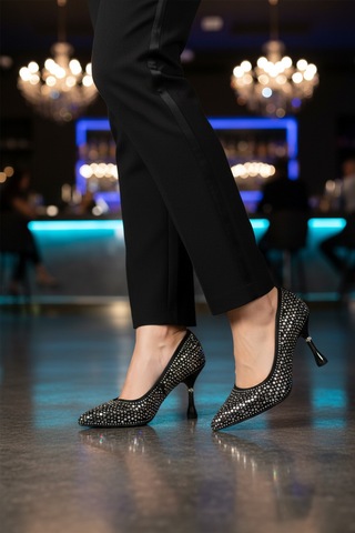 Siyah Taş İşlemeli İnce Topuklu Kadın Abiye Ayakkabı Pc-55020 Z Siyah