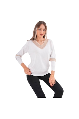 Kadın V Yaka Simli Kol Detaylı Kazak 12787 Bgl-st04108 beyaz