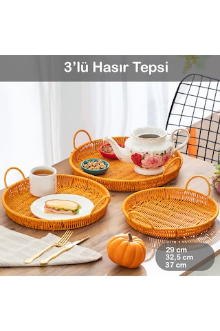 Porsima 710-a Yuvarlak 3'lü Hasır Tepsi Dekoratif Sunum Tepsisi