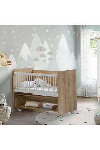 Sallanır Tekerlekli Kademeli Anne Yanı Bebek Beşik - Bebek Yatagı - 60x120 CM Kahverengi