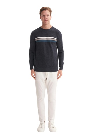 Cazador Soft Touch Slim Fit Basic Çizgi Baskılı Bisiklet Yaka Kazak Lacivert