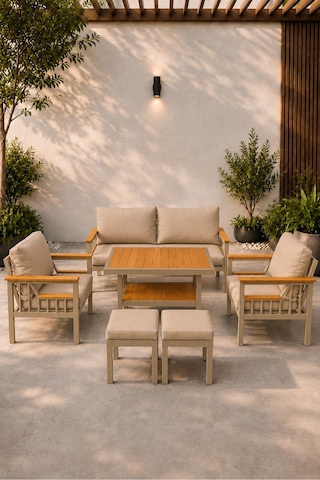 Sole Serisi Balkon Takımı, 2-1-1 Cappuccino Bahçe Takımı, 2'li Koltuk 70x150, 2 Tekli Koltuk 70x70, Masa 70x110, 2 Puf Bej Sole Serisi Balkon Takımı, 2-1-1 Cappuccino Bahçe Takımı, 2'li Koltuk 70x150, 2 Tekli Koltuk 70x70, Masa 70x110, 2 Puf Bej