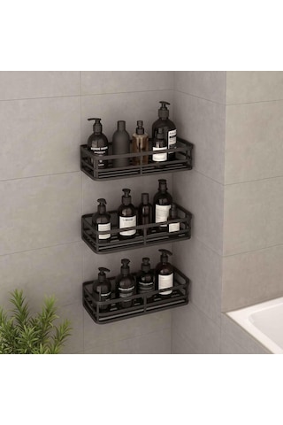 3'lü Banyo Düzenleyici Organizer Siyah, Yapışkanlı Duş Rafı Şampuanlık Havluluk Havlupan Askısı, Banyo Mutfak Çok Renkli