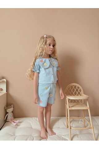 Jolly Kids Kız Çocuk Mavi Kot Gömlekli Şortlu Denim Takım Mavi