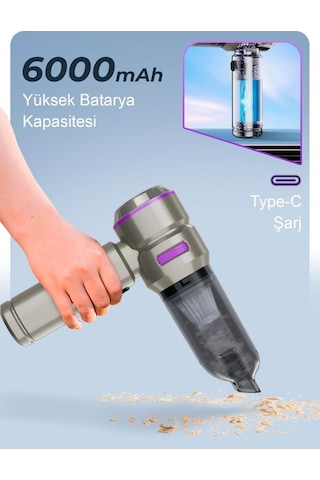 Blic Ahv-02 2 İn 1 Araç İçi Mini Süpürge & Hava Üfleme Makinesi 17.000 Pa Çekim Gücü Fırçasız Motor Gri -mor