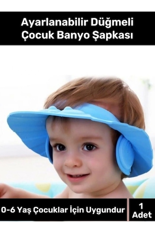 Bebek Banyo Şapkası Duş Başlığı Ayarlanabilir Düğmeli Çocuk Küvet Göze Su Kaçırmayan Mavi Şapka Mavi