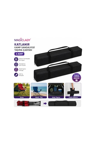2 Adet Katlanır Kamp Sandalyesi Taşıma Çantası Fermuarlı Saplı Kamp Piknik Plaj Çantası Siyah