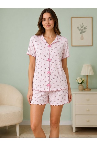 Esra Butik78 Cares Kumaş Fiyonk Desenli Kısa Kollu Şortlu Kadın Pijama Takımı Beyaz