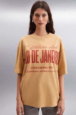 GRIMELANGE Malıka Kadın %100 Organik Pamuklu Şehir Tema Baskılı Oversize Bisiklet Yaka Bej T-shirt Bej